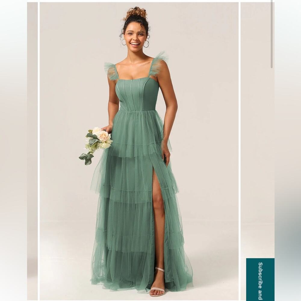 NEW Azazie Sage Green Tulle Removable Straps Bridesmaid Prom Gala Princess Dress